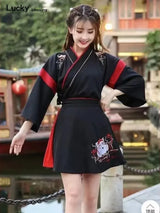 Japanese Dress Kimono Woman Black White Cat Embroidery