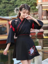 Japanese Dress Kimono Woman Black White Cat Embroidery