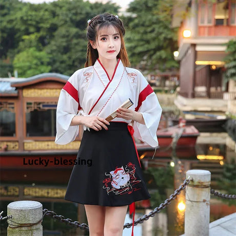 Japanese Dress Kimono Woman Black White Cat Embroidery