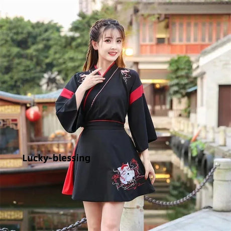 Japanese Dress Kimono Woman Black White Cat Embroidery