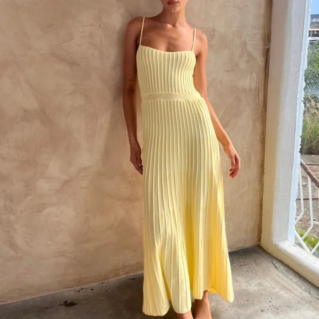 Knitted Pleated Long Dress High Waist Midi Sling