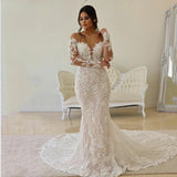 LINLING Custom Boho Lace Wedding Dress - Long Sleeve Mermaid Illusion 2023
