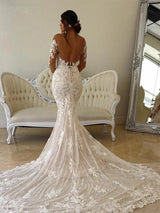 LINLING Custom Boho Lace Wedding Dress - Long Sleeve Mermaid Illusion 2023