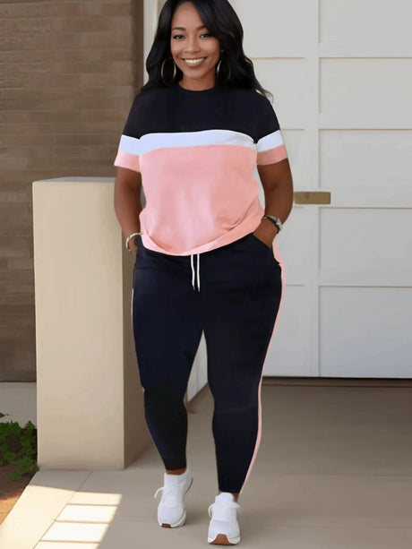 Patchwork Drawstring Pants Set Women Color Block