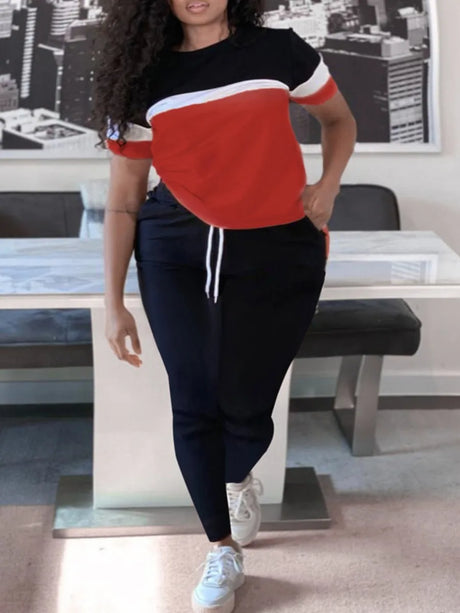 Patchwork Drawstring Pants Set Women Color Block