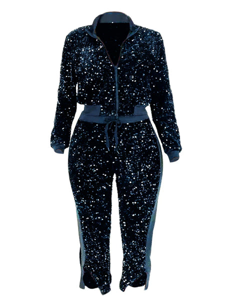 Lw Two Pieces Sets Velvet Sequined Zipper Design