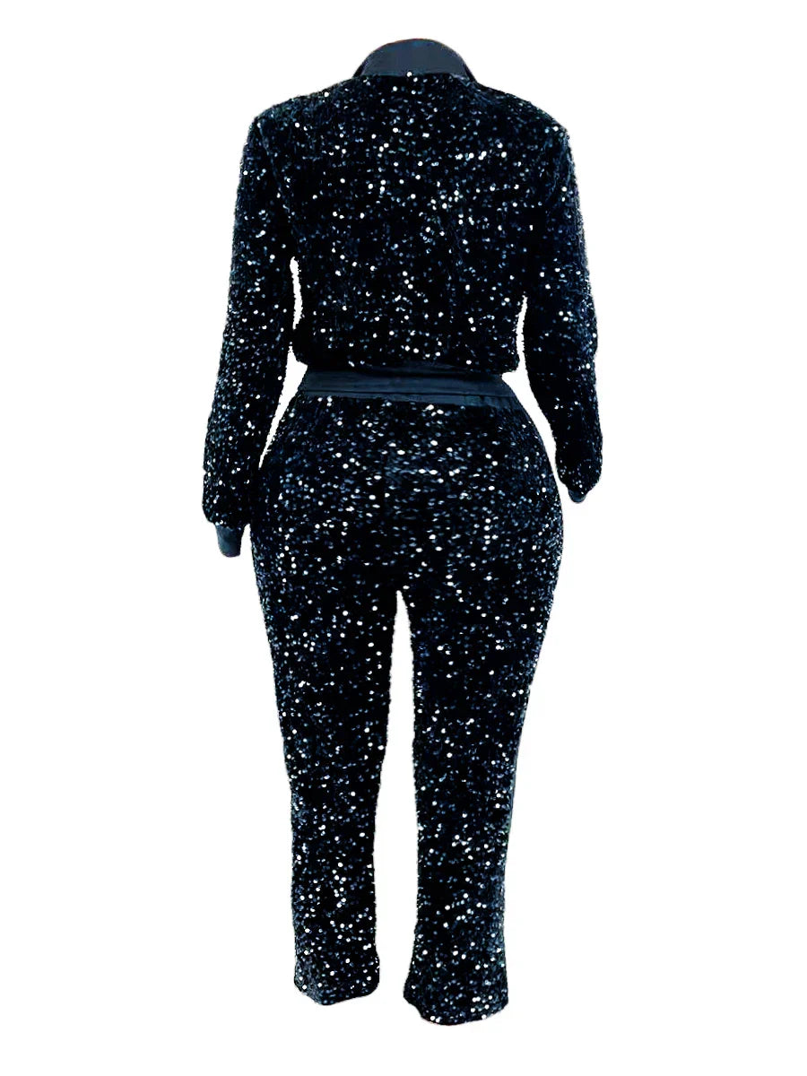 Lw Two Pieces Sets Velvet Sequined Zipper Design