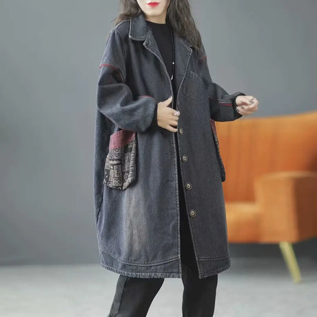 Lady Denim Coat Winter Autumn Pockets Loose Cardigan