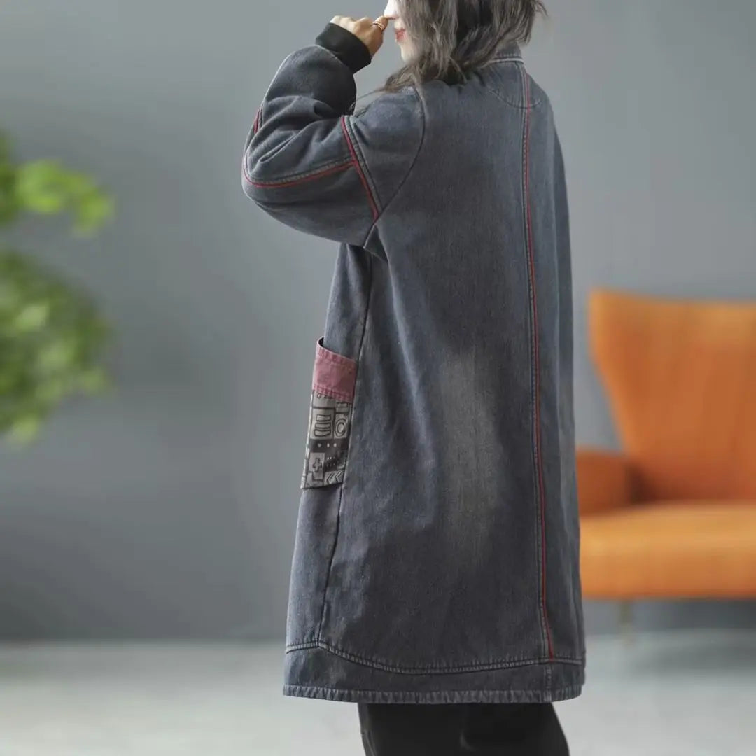 Lady Denim Coat Winter Autumn Pockets Loose Cardigan