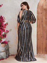 Size Evening Dresses Fashion Female Sequin Draped Sleeve