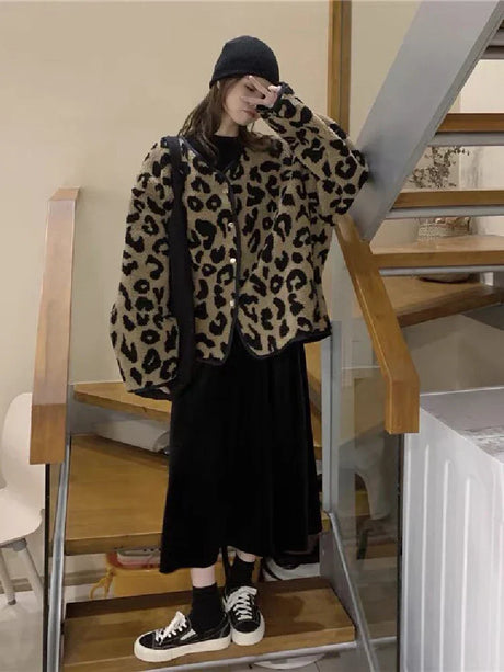 Leopard Woman Winter Jacket Coat O-Neck Casual Fake