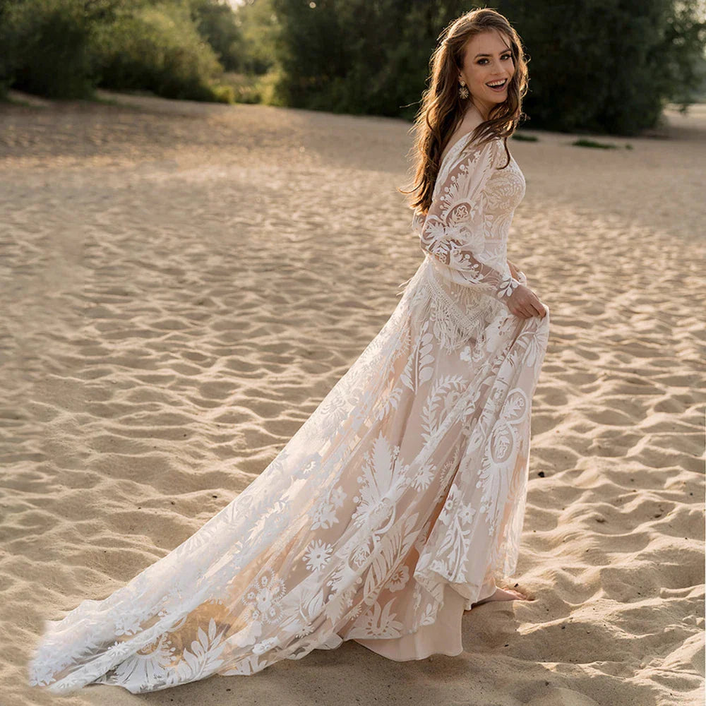 Long Puffy Sleeves Allover Lace Boho Elopement Bridal