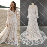 Long Puffy Sleeves Allover Lace Boho Elopement Bridal