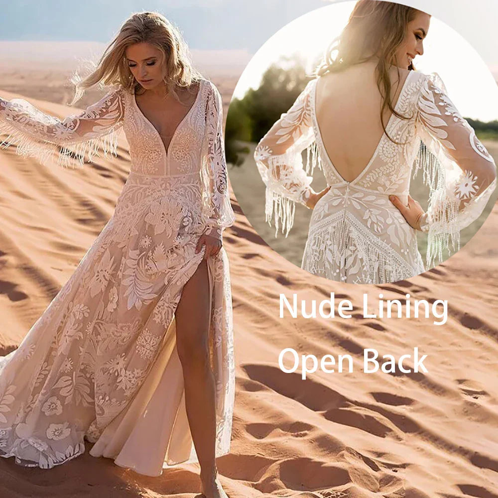 Long Puffy Sleeves Allover Lace Boho Elopement Bridal