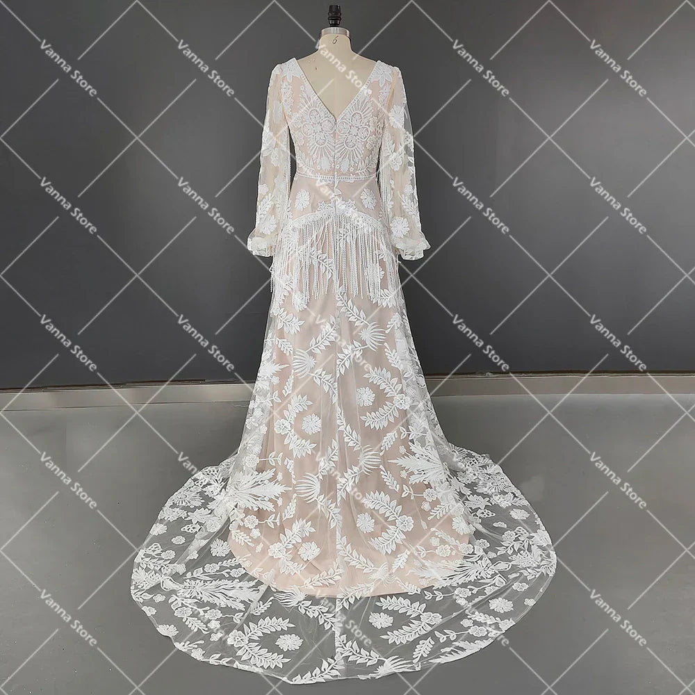 Long Puffy Sleeves Allover Lace Boho Elopement Bridal