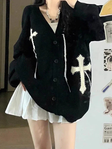 Loose Streetwear Embroidery Cardigan Women Korean Jacquard Oversized