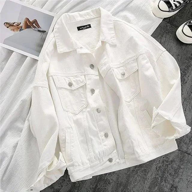 Lucuever White Denim Jacket Women Autumn Casual Loose