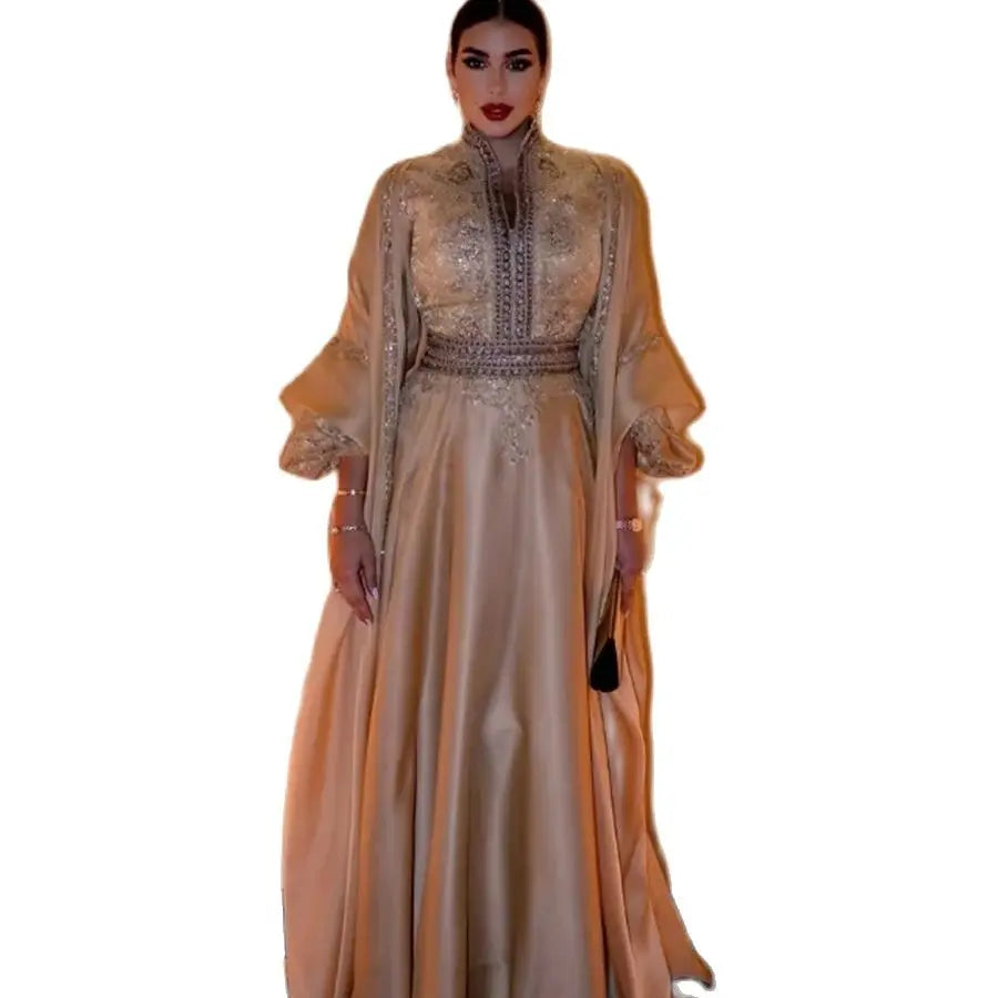 Luxury Golden Arabic Evening Dress Long Sleeve A
