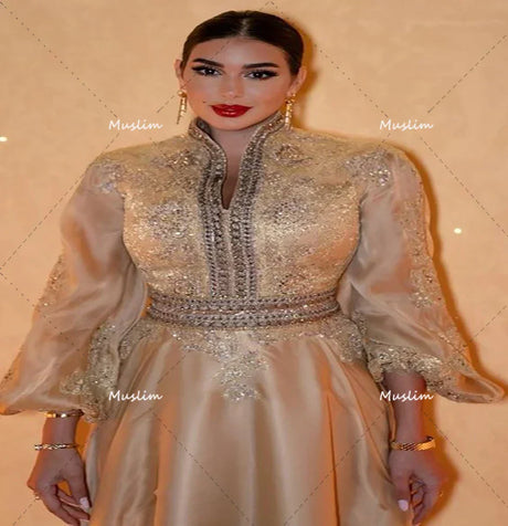 Luxury Golden Arabic Evening Dress Long Sleeve A