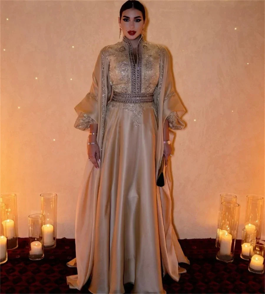 Luxury Golden Arabic Evening Dress Long Sleeve A