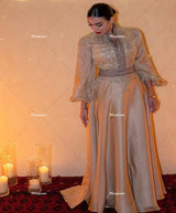 Luxury Golden Arabic Evening Dress Long Sleeve A