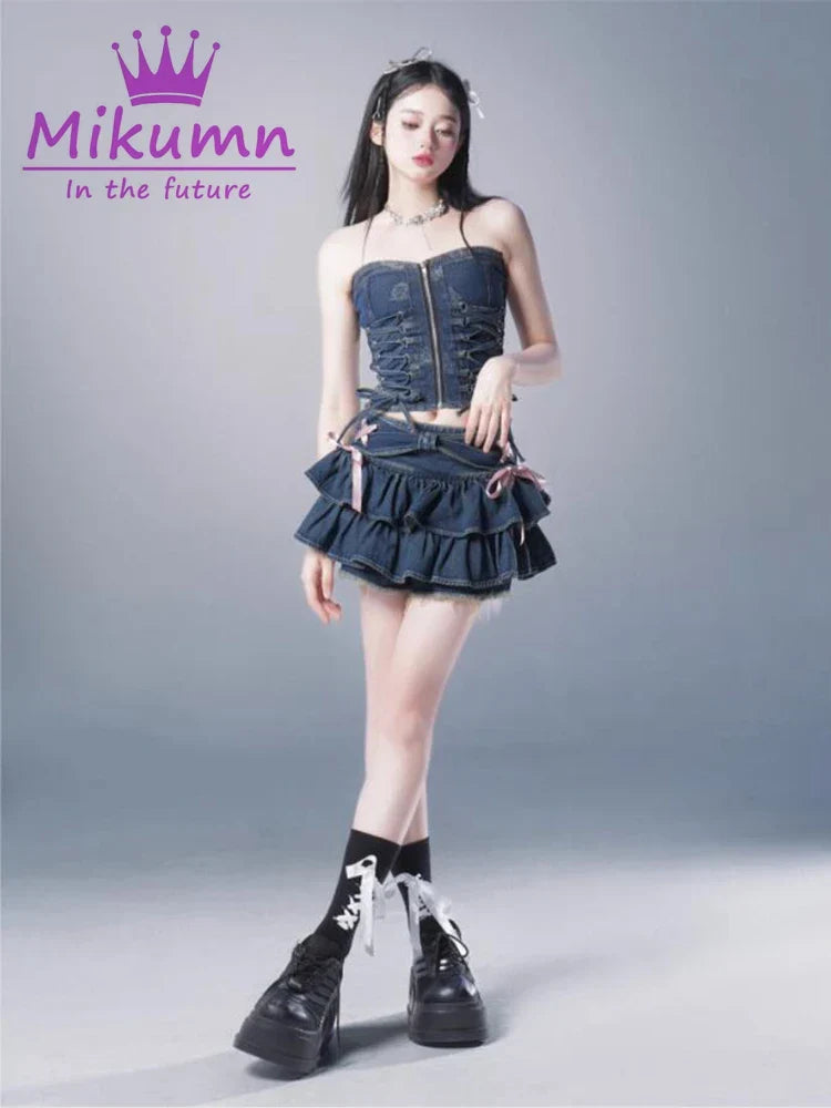 Mikumn Blue Denim Pleated Skirt Yk Aesthetic Sweet