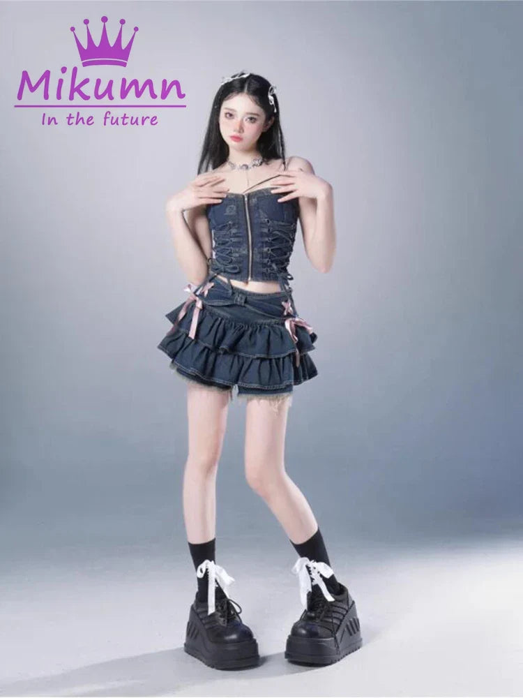 Mikumn Blue Denim Pleated Skirt Yk Aesthetic Sweet