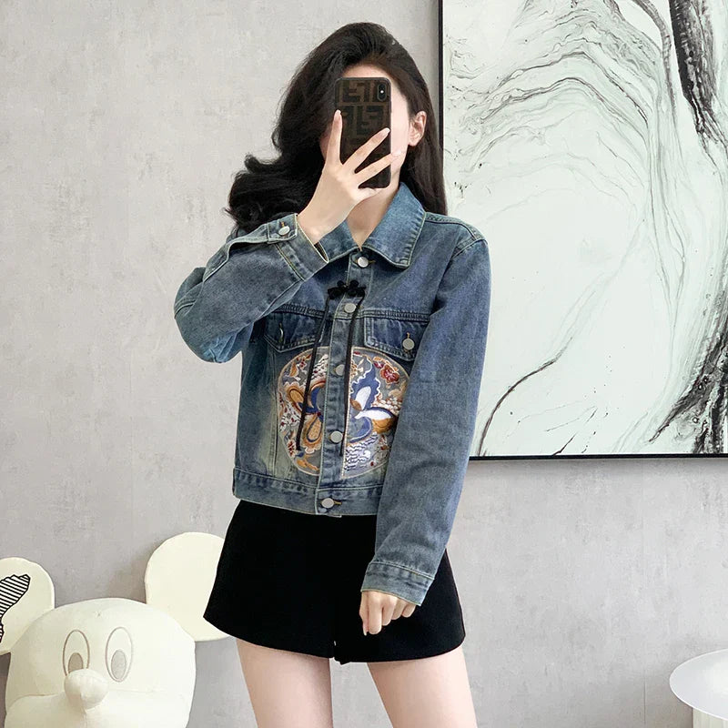 New Spring Denim Jacket Women Chinese Style Long