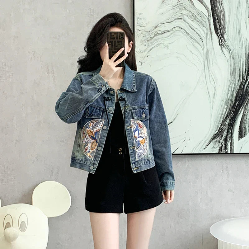 New Spring Denim Jacket Women Chinese Style Long