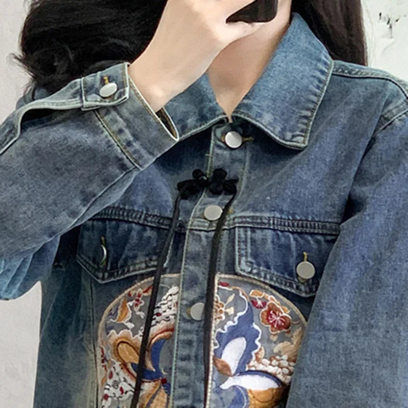 New Spring Denim Jacket Women Chinese Style Long