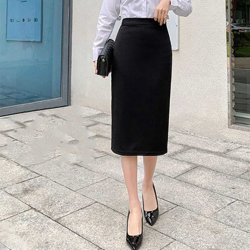 Office Lady Fashion Midi Black Split Skirts Spring