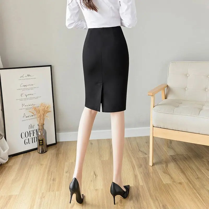 Office Lady Fashion Midi Black Split Skirts Spring