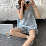 Plaid Women Pajamas Shorts Set Sleepwear Korean Kawaii