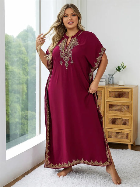 Summer Bohemian Embroidery Sexy V Neck Kaftan Long