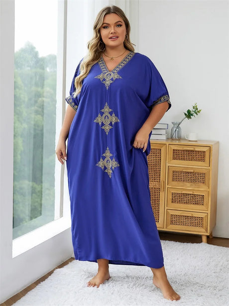 Summer Bohemian Embroidery Sexy V Neck Kaftan Long