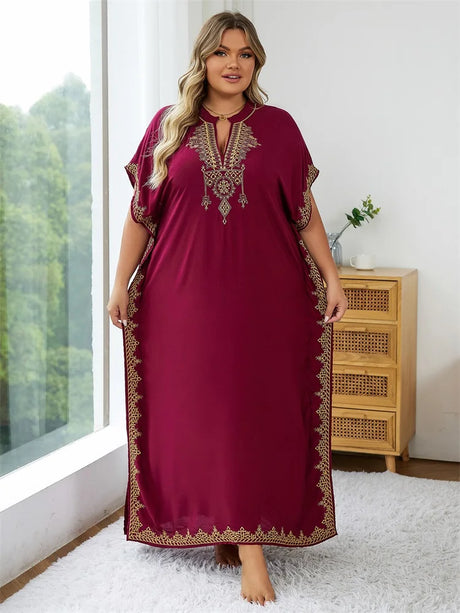 Summer Bohemian Embroidery Sexy V Neck Kaftan Long