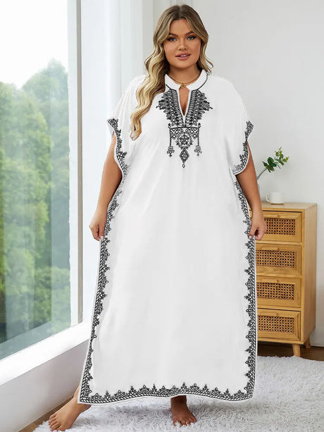 Summer Bohemian Embroidery Sexy V Neck Kaftan Long