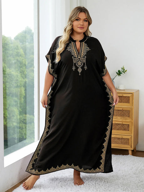 Summer Bohemian Embroidery Sexy V Neck Kaftan Long