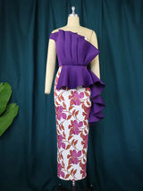 4Xl Purple Dresses One Shoulder Ruffles Floral Printed