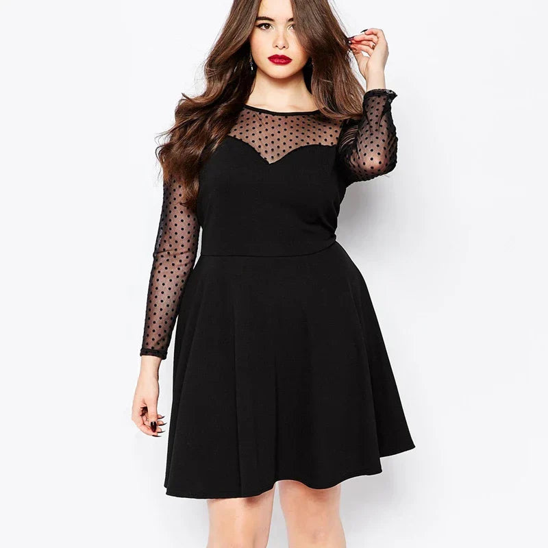 Elegant A-Line Dress Women Dot Print Long Mesh