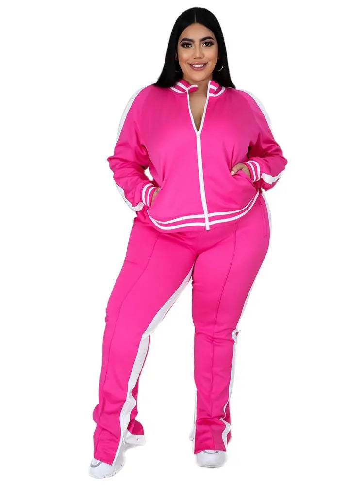 Two Piece Set Women Sweatsuit Zip Striped