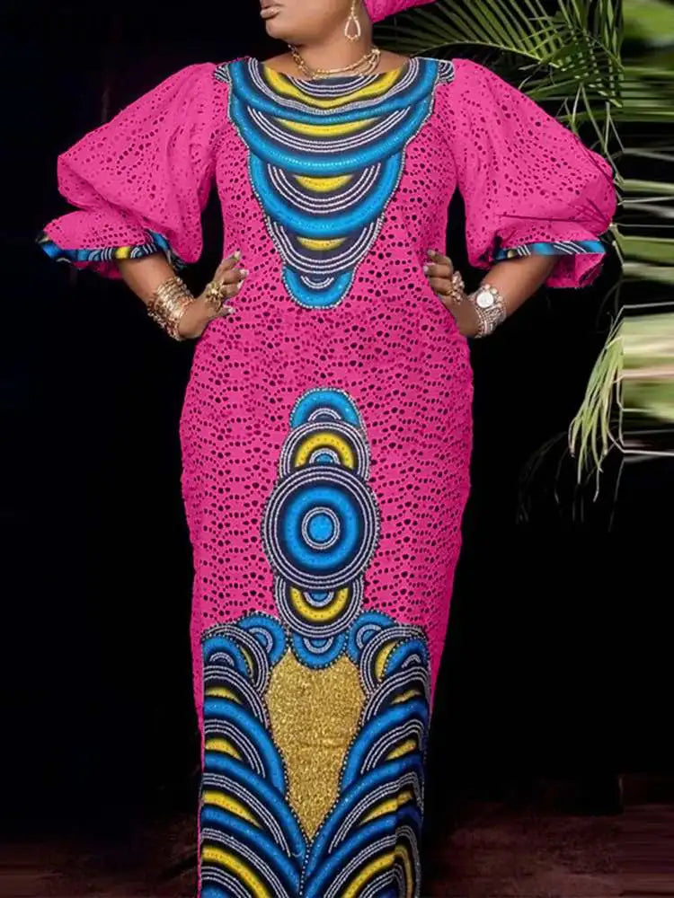 Vonda Women Maxi Dress Summer Puff Sleeve Printed
