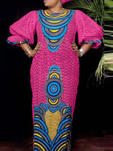 Vonda Women Maxi Dress Summer Puff Sleeve Printed