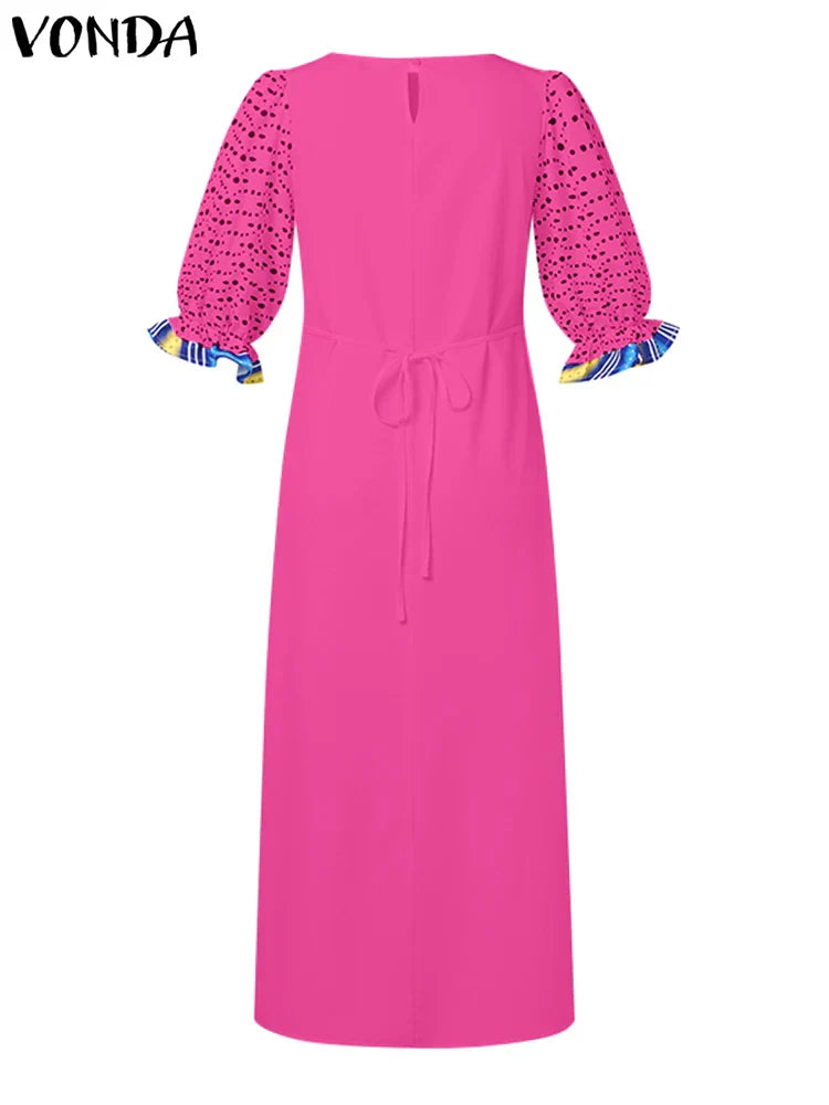Vonda Women Maxi Dress Summer Puff Sleeve Printed