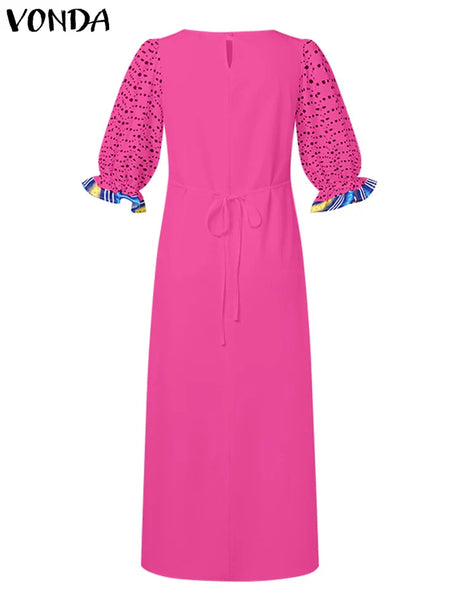 Vonda Women Maxi Dress Summer Puff Sleeve Printed