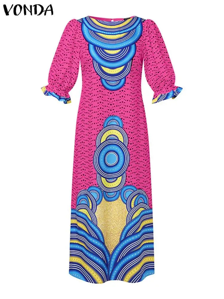 Vonda Women Maxi Dress Summer Puff Sleeve Printed