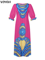 Vonda Women Maxi Dress Summer Puff Sleeve Printed