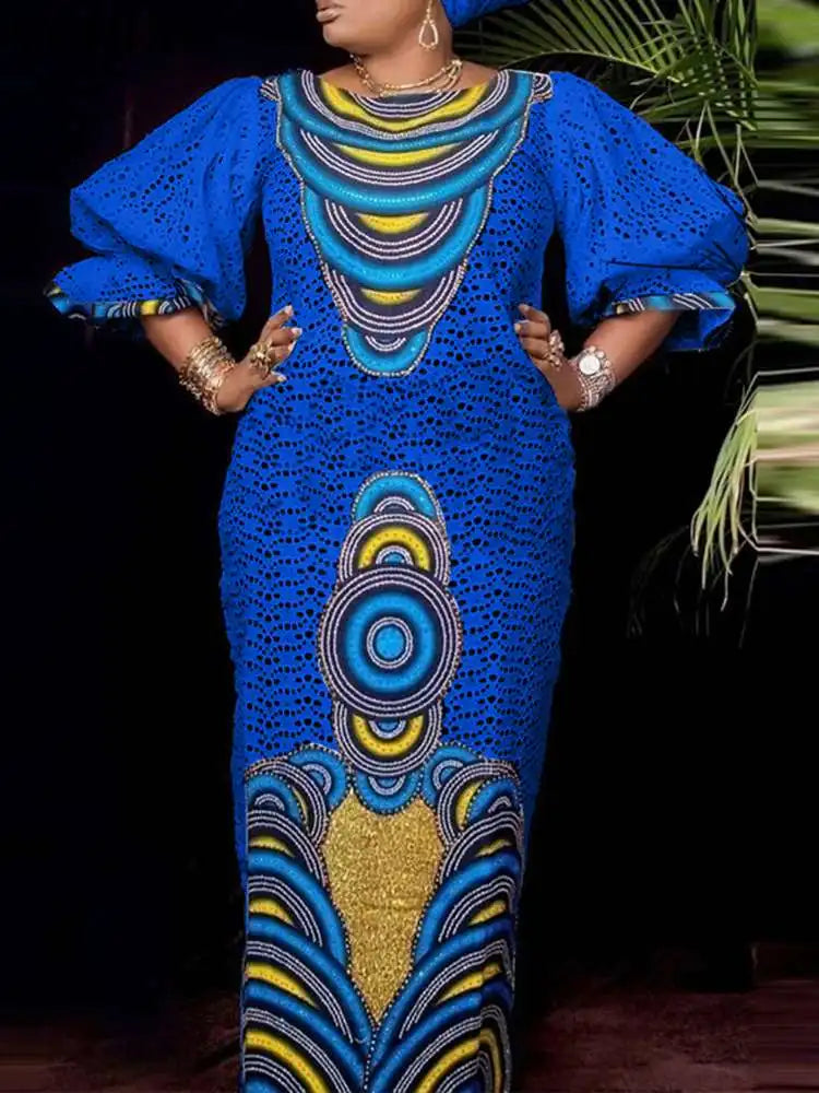 Vonda Women Maxi Dress Summer Puff Sleeve Printed