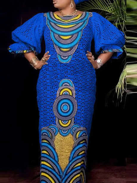 Vonda Women Maxi Dress Summer Puff Sleeve Printed