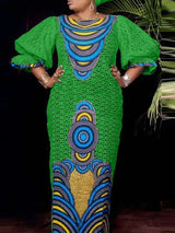 Vonda Women Maxi Dress Summer Puff Sleeve Printed